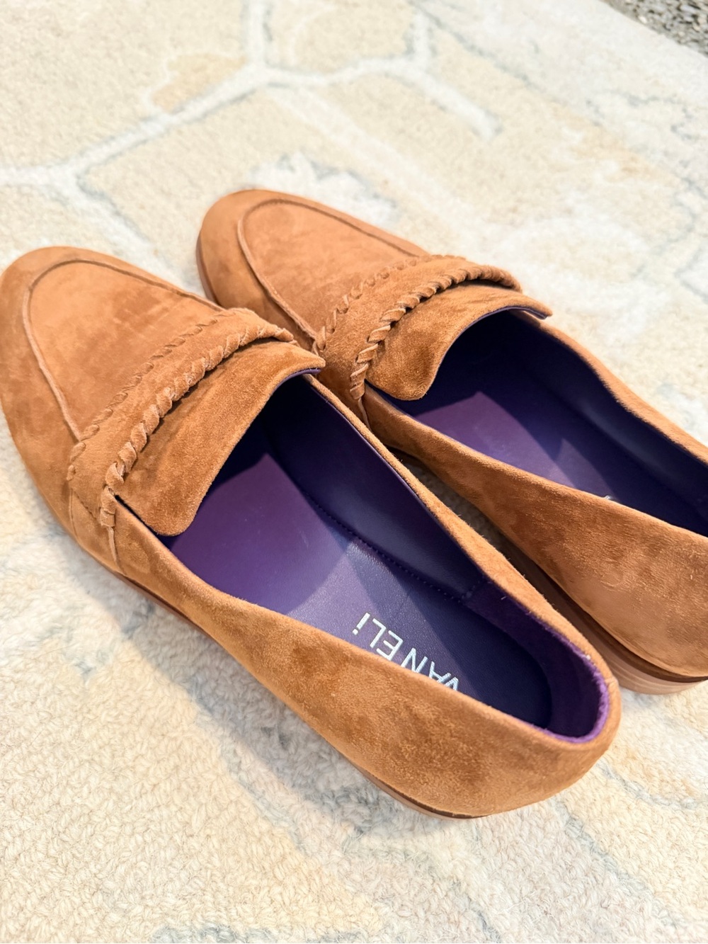 VANELi Suede Loafers in Cognac Suede with Braided Detail